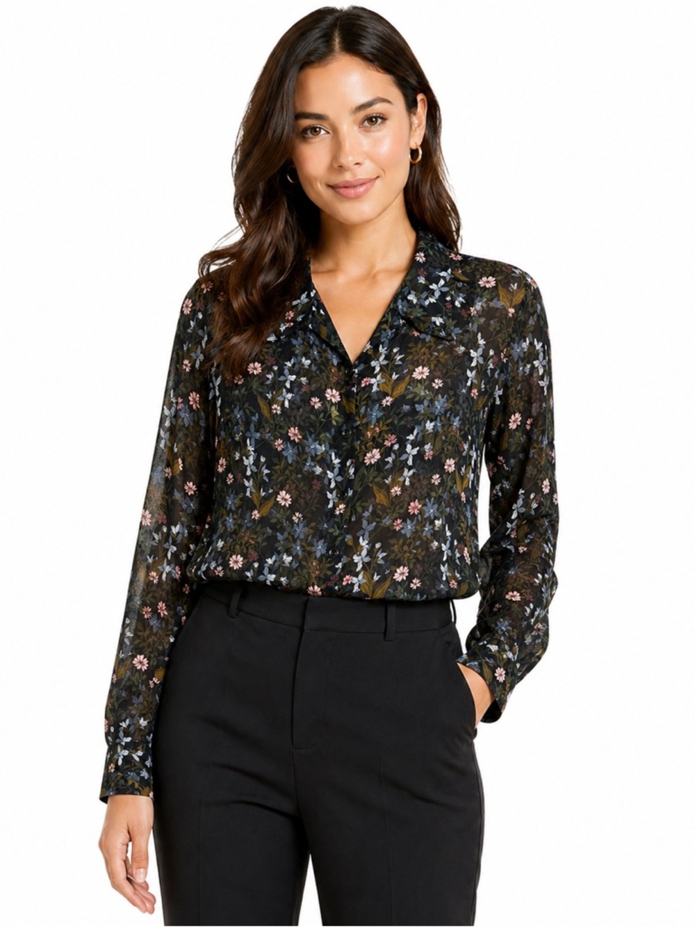 Cabi Sheer Floral Button Front Blouse Black Blue Pink Cottagecore XS